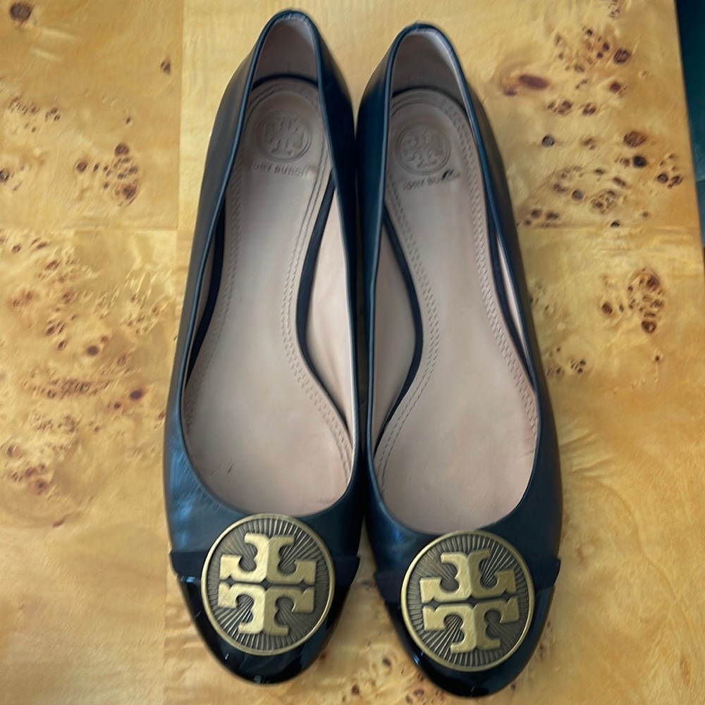Tory Burch Reva Black & Gold Low Block Heel